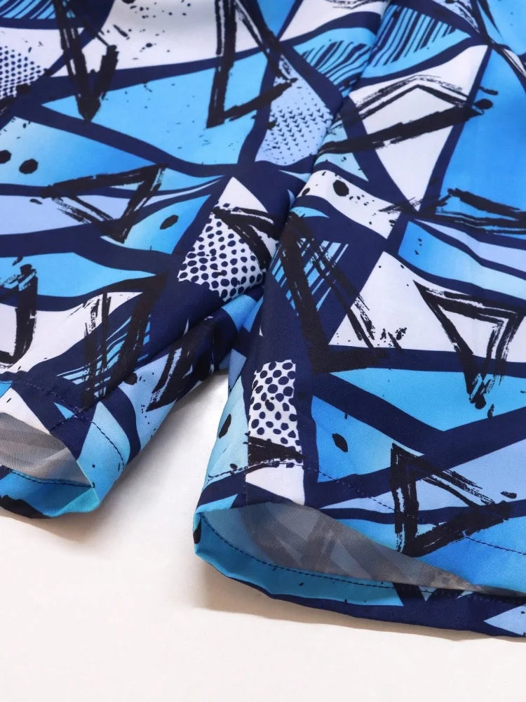 Boys' Blue Geometric Long-Sleeve Rash Guard Set with Shorts