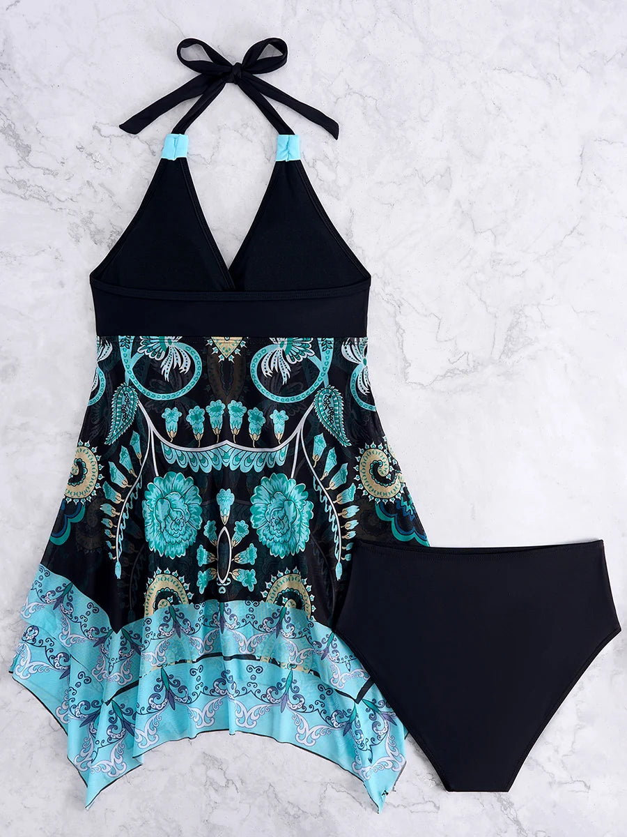 Tankini Beach Dress Two Pieces Halter Swimsuit Women Printed Swimwear Female Bathers Bathing Swimming Swim Suit Beachwear