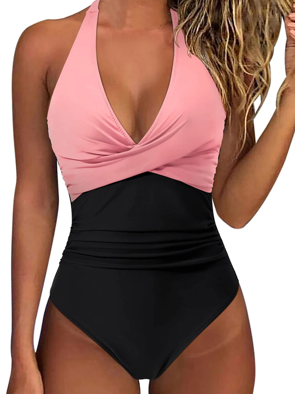 Halter Swimsuit Women One Piece Printed Cross Smocked Swimwear Female Bodysuit Bathing Swimming Suit Padded Beachwear