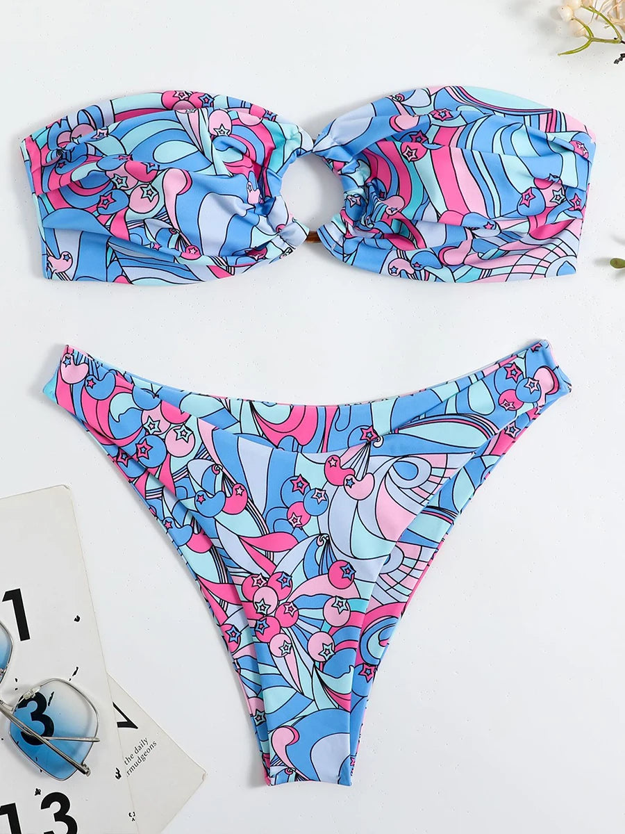 Floral Bikinis Bandeau Swimsuit for Woman Female Swimwear Women Thong Bikini Set Summer Swim Beach Wear Bathing Suits