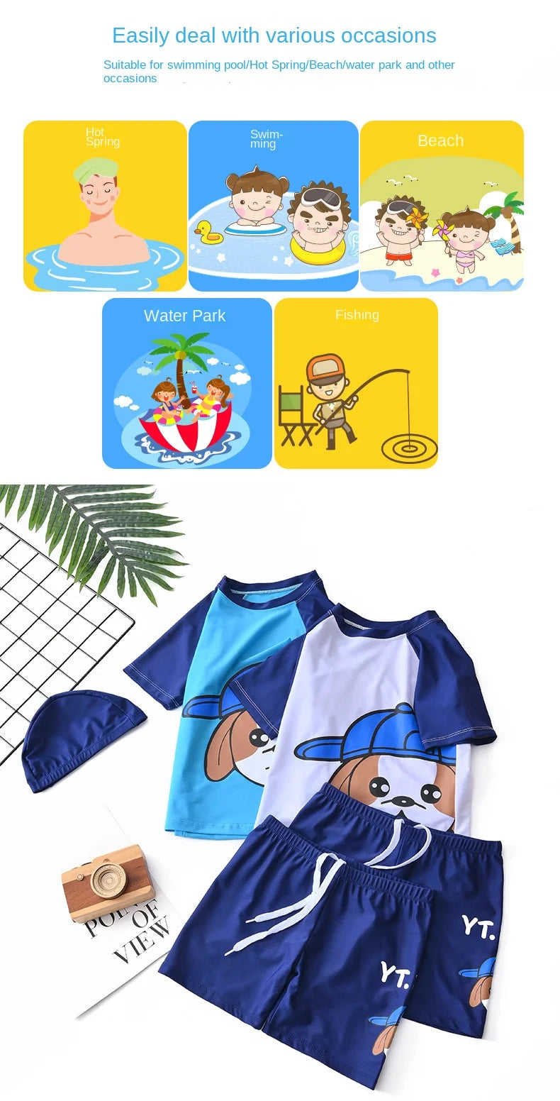 Children's Swimming Suit Teenage Boys' Swimsuits with Cap Cartoon Dog Sun Protection Short Sleeved Sports Swimwear Kids
