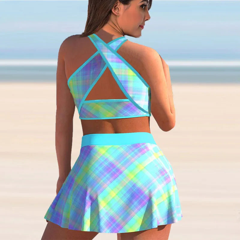 Womens Swimming Suit Halter Swimwear Two Pieces Bathing Suit Rainbow Floral Dot Printed Tankini Top Boyshorts Swimming S-5XL