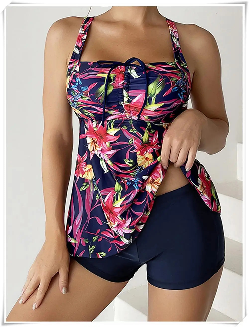 Drawstring Tankini Set Two Piece Swimsuit Short Women Floral Printed Swimwear Female Bathing Suit Beachwear Swimming