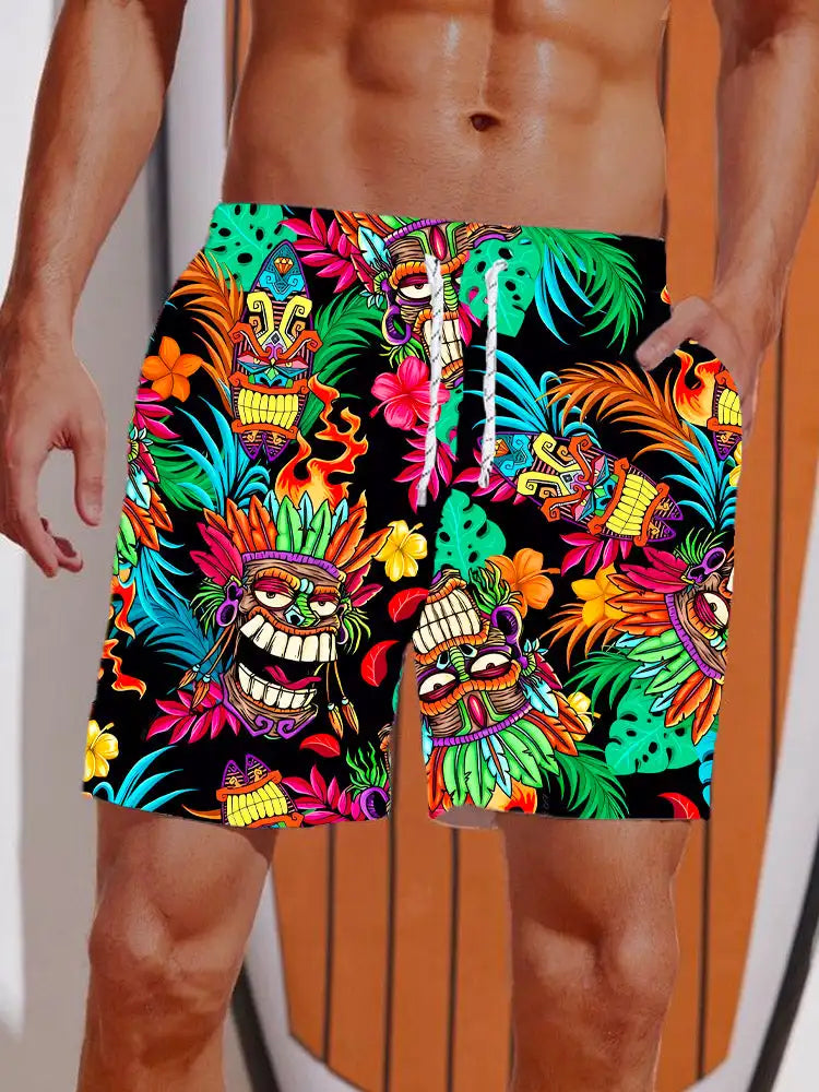 Summer 3D Printed Hawaiian Vacation Style Printing Shorts Men's Board Shorts Casual Swim Trunks Drawstring Breathable Short