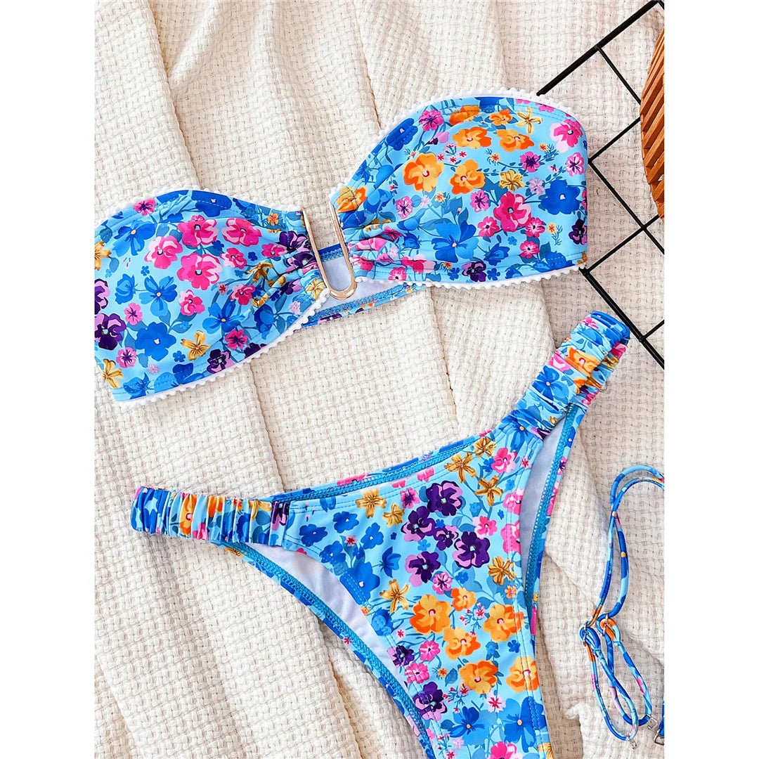 U Neck Flowers Printed Wrinkled Bikini Female Swimsuit Women Swimwear Two-pieces Bikini set Bather Bathing Suit Swim