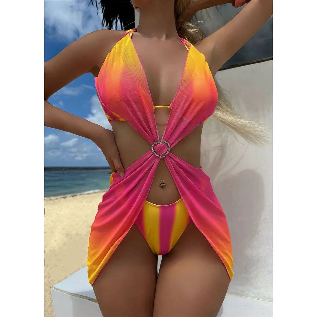 With Dress Tie Dye Striped Bikini Female Swimsuit Women Swimwear Three-pieces Bikini set Bather Bathing Suit Swim