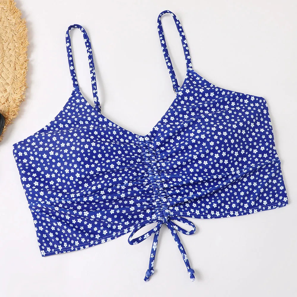 High Waist Bikini Swimsuit Women Floral Print Swim Suits Drawstring Front Shorts Boxers Swimwear Trunks Pool Bathing Suit