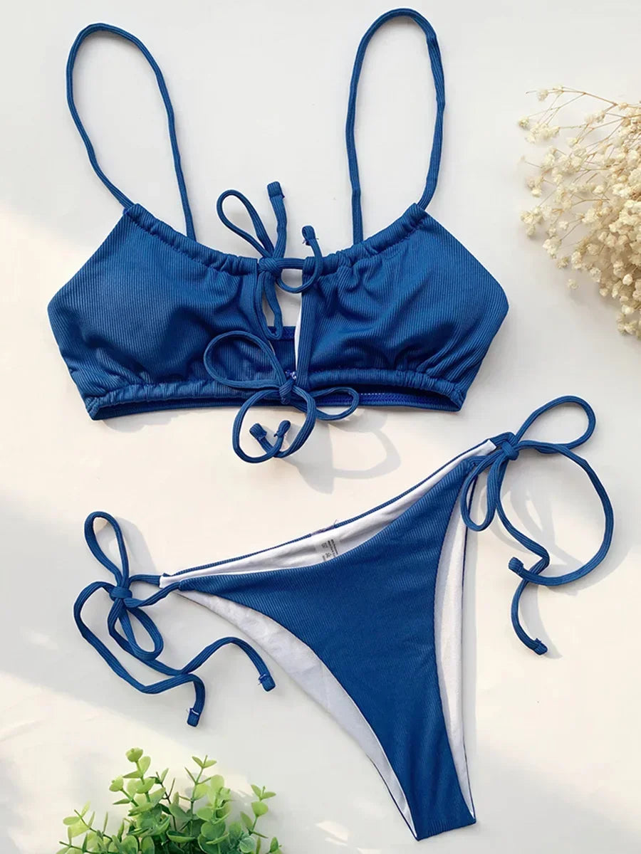 Strappy Lace Up Ribbed Bikini Women Swimwear Female Swimsuit Two-piece Bikini set Hollow Out Bathing Suit Swim