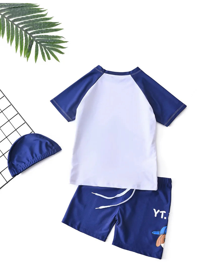 Children's Swimming Suit Teenage Boys' Swimsuits with Cap Cartoon Dog Sun Protection Short Sleeved Sports Swimwear Kids