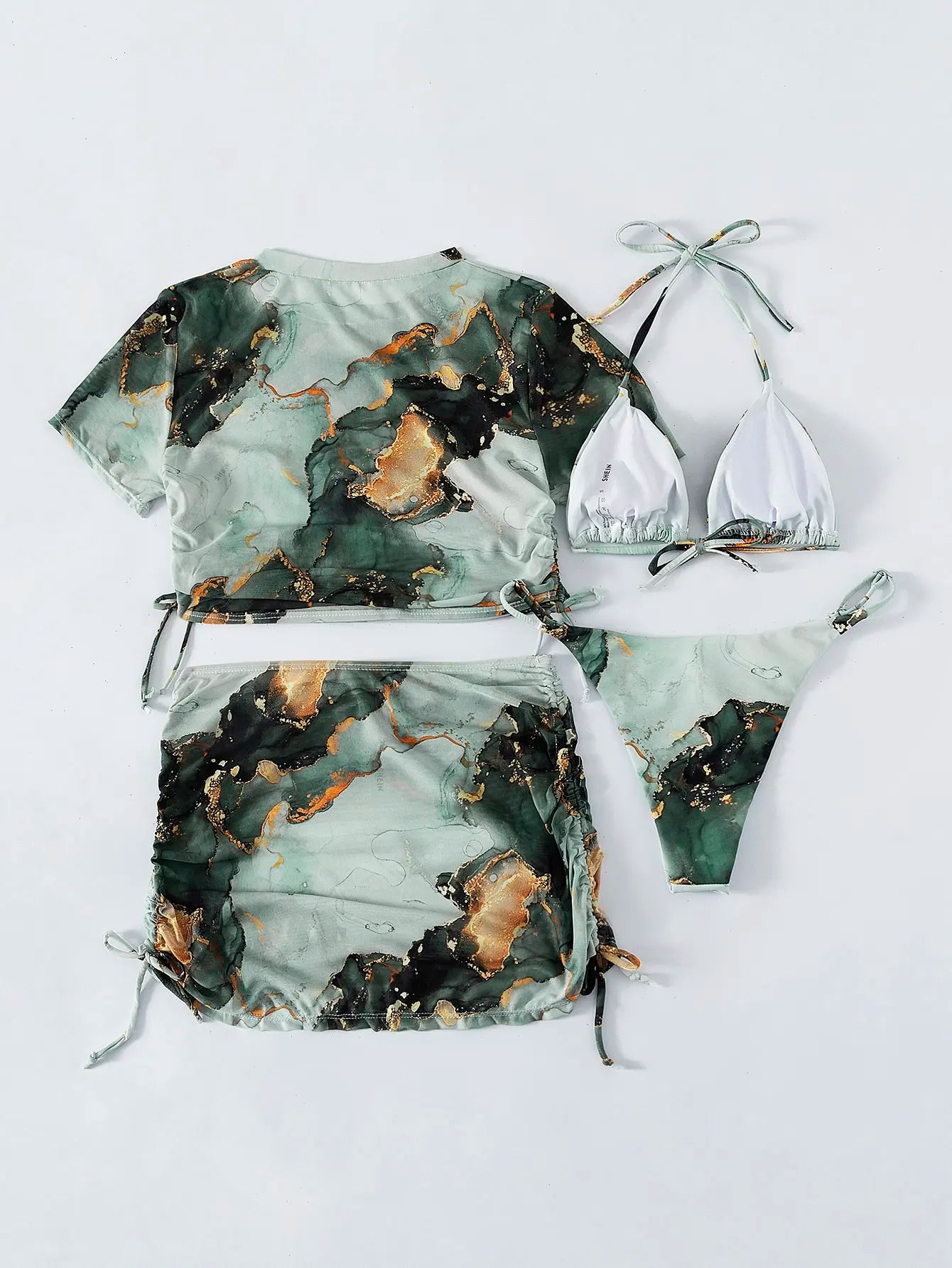 4 Pieces Halter Bikini Swimsuit With Marble Print Cover Up Swimwear Female Beachwear Bathing Swimming Suit Women Summer