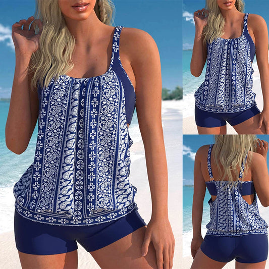 Women's Deep Blue Vintage Flower Print Two Piece Swimsuit Lace Up Hollow Beach Swimsuit S-6XL