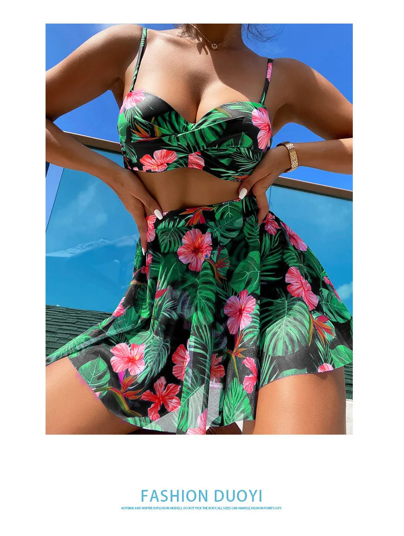 Cikini-Women's Tropical Print Push Up Bikinis Set, Swimsuit with Beach Skirt, Swimwear, Summer Bathing Suit