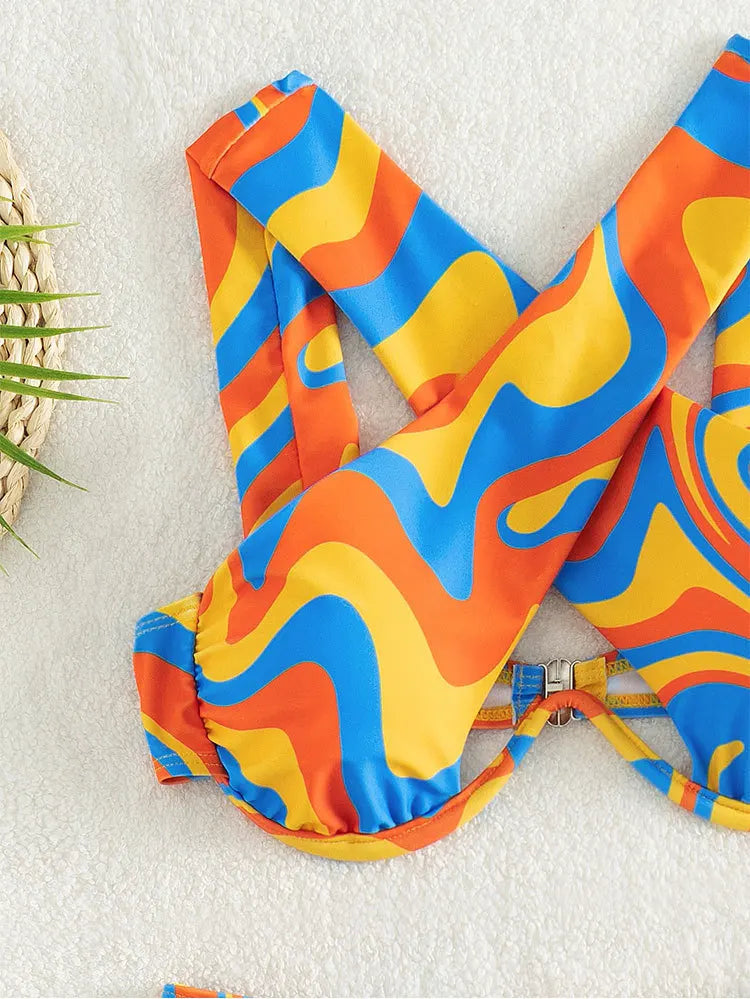 Underwire Bikini Set Women Orange Wave Designer Halter Cross High Waist Swimsuit Summer Bathing Suit 2 Piece Swimwear
