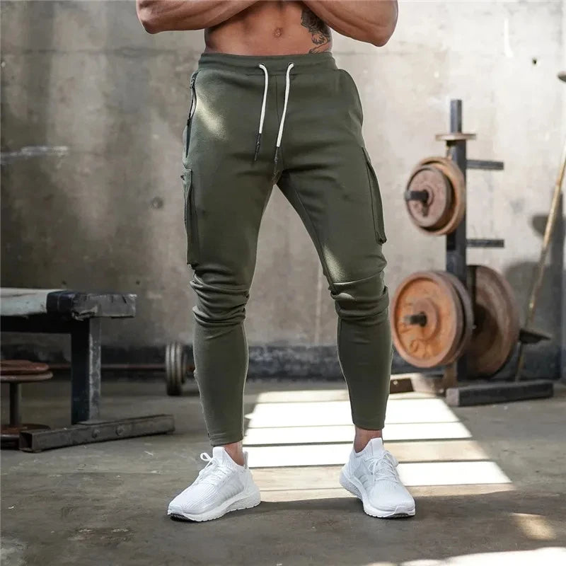 Sweatpants Men's Gym Fitness Pants Men's Running Jogging Training Tight Sports Cargo Pants Pocket Decoration