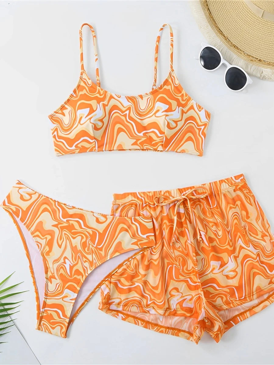 Print Three Piece Bikini High Waist Shorts Swimsuit Women Swimwear Female Bather Bathing Swimming Swim Suit Beachwear