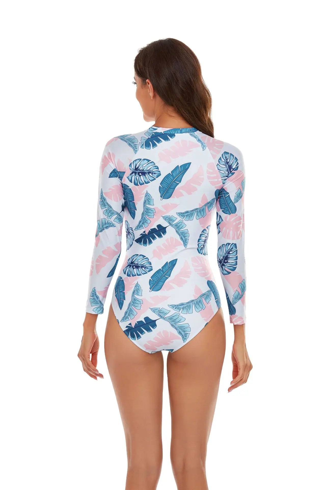 One-piece Swimsuit Women Long Sleeves Sunscreen Surf Wear Solid Color Stitching Zipper Conservative Summer Beach Swimwear