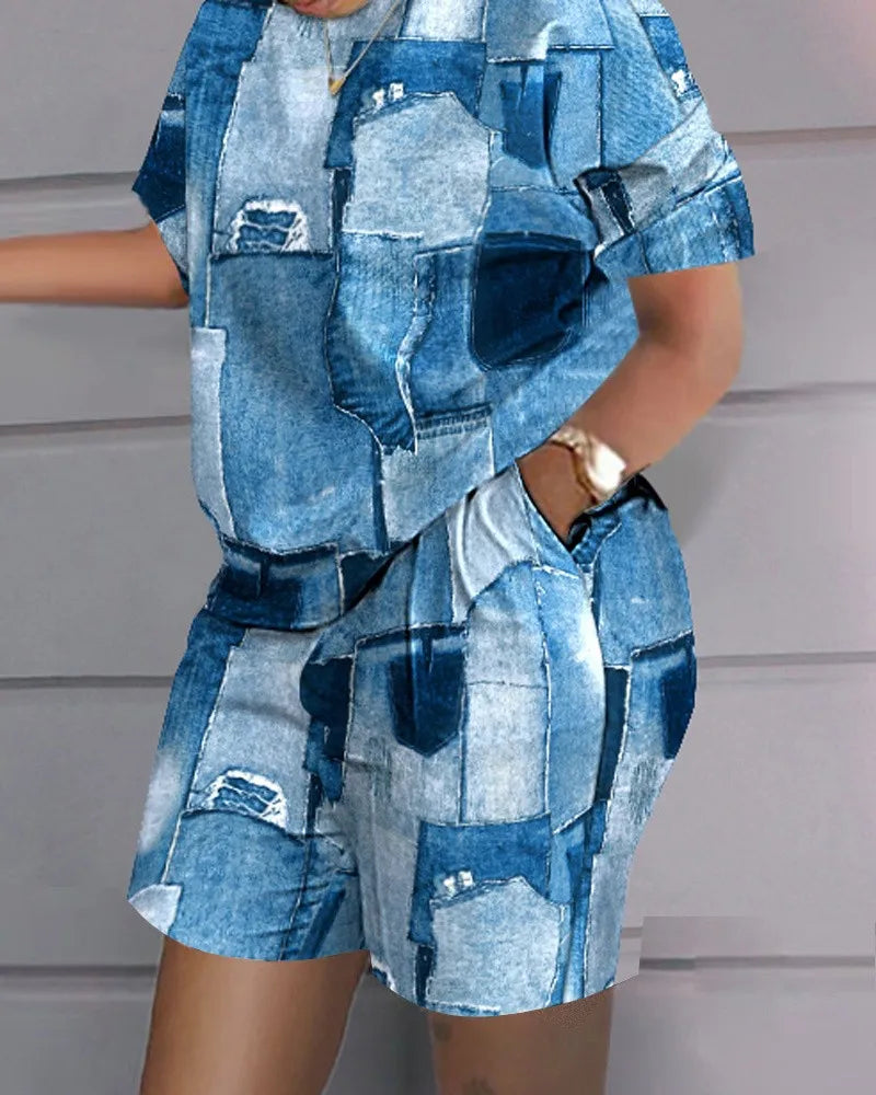 Women Casual Short Sleeve Two Piece Sets Womens Outifits Summer Letter Printed Pocket Suit Female T-shirt Shorts Matching Sets