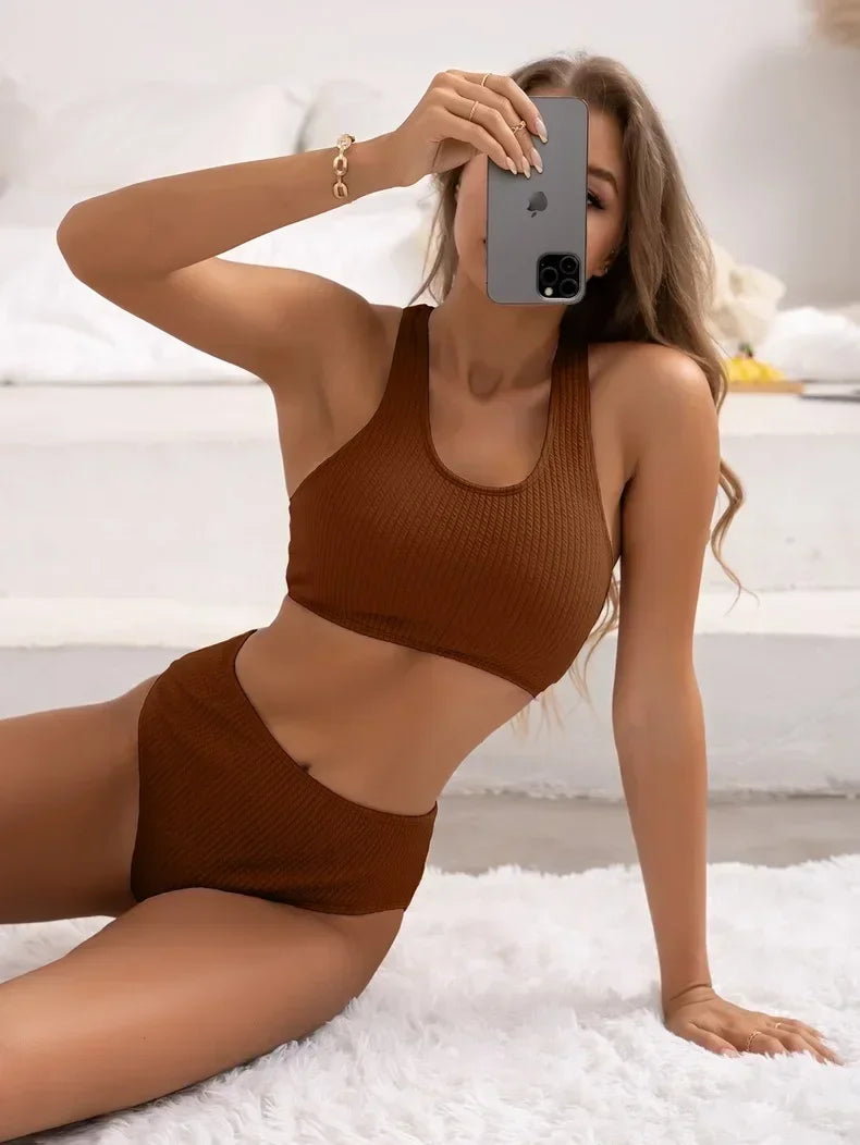 Bikini High Waist Women Swimsuit Solid Ribbed Swimwear Push Up Bikinis Set Summer Beachwear Bathing Suit Female