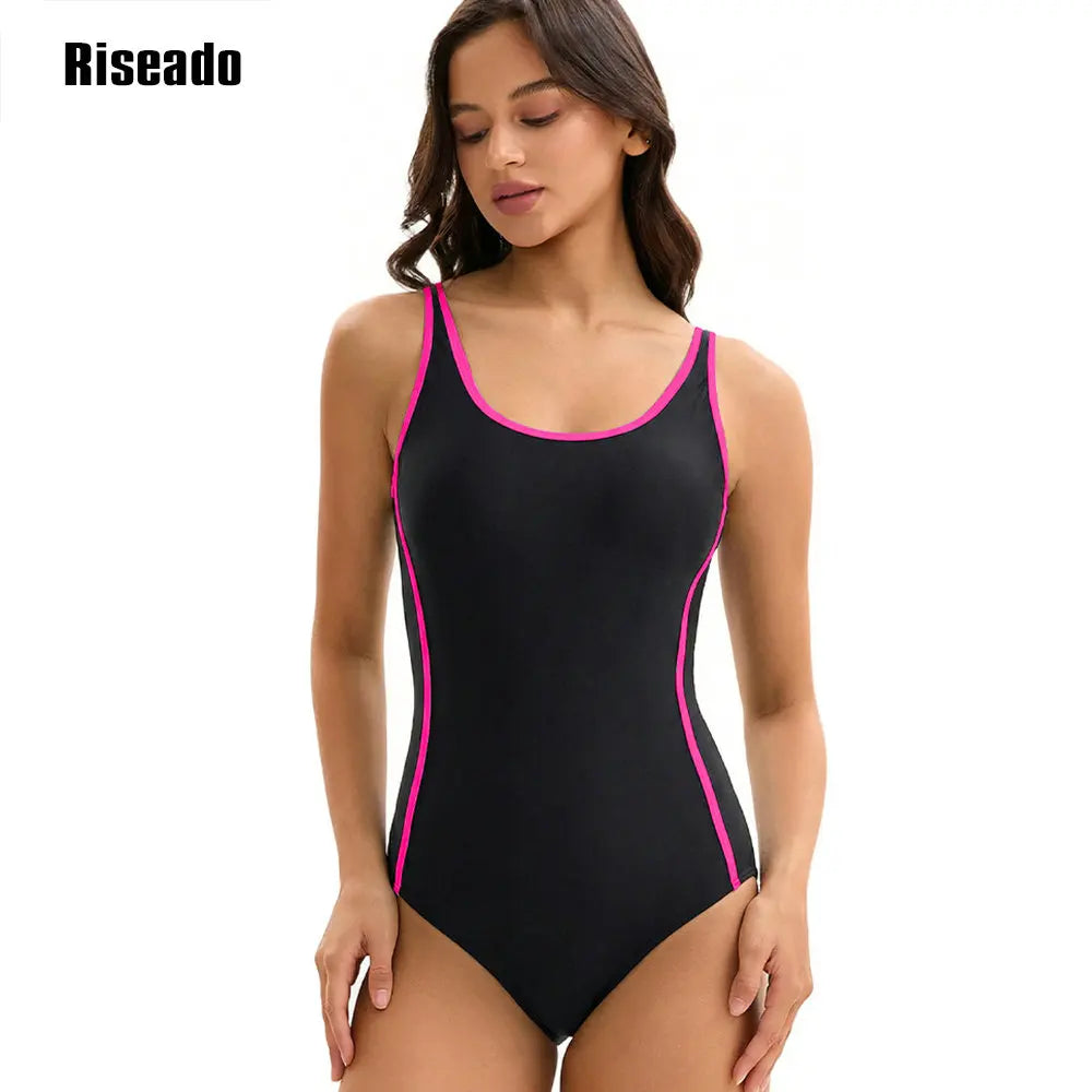 Womens Color Block Print One Piece Swimsuits Athletic Training Swimwear High Waist Slimming Bathing Suits
