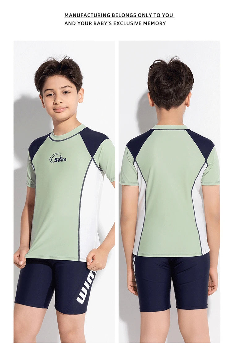 Boy Swimwear Short Shirt Two Piece Short Sleeve Solid Patchwork Teenager Children Kids Swimming Beach Wear 2024 9-16 years