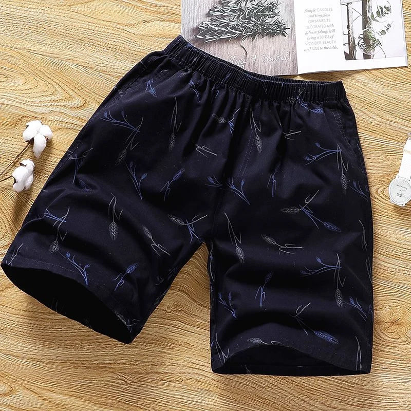 Cotton Shorts Men Breathable Thin Feather Print Pocket Elastic Waist Korean Loose Casual Sports Beach Short Pants 5XL