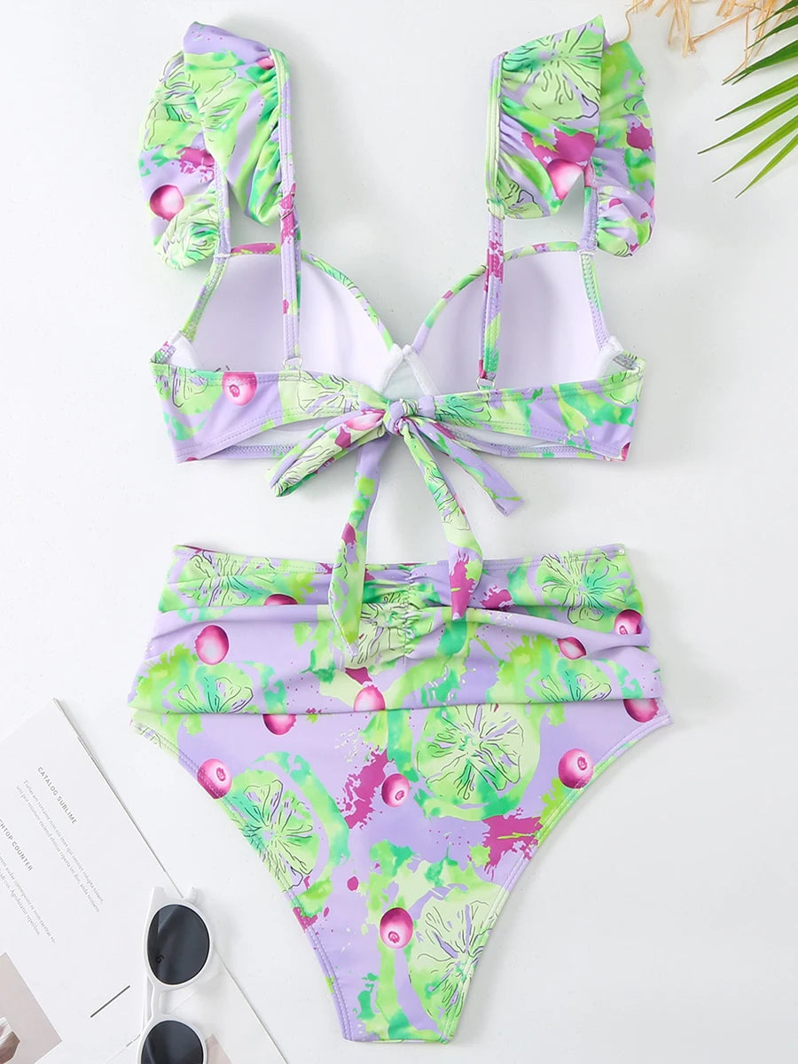 Push Up Print Ruffle Bikini Women Swimsuit Female Padded Swimwear Bathers Bathing Swimming Swim Suit Summer Beachwear