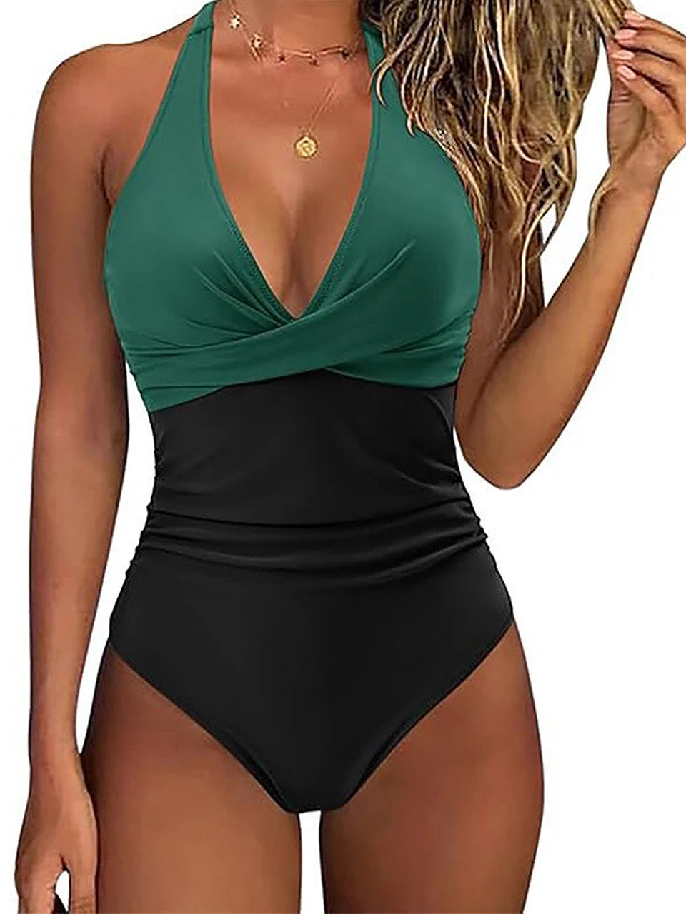 Halter Swimsuit Women One Piece Printed Cross Smocked Swimwear Female Bodysuit Bathing Swimming Suit Padded Beachwear