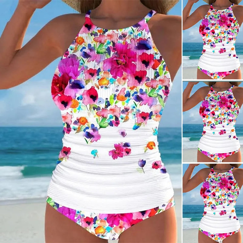 Floral Printed Tankini Bikini Set Tummy Control High Waist Bottom & Triangle Vest Top Women's Swimwear for Beach & Pool Shirts