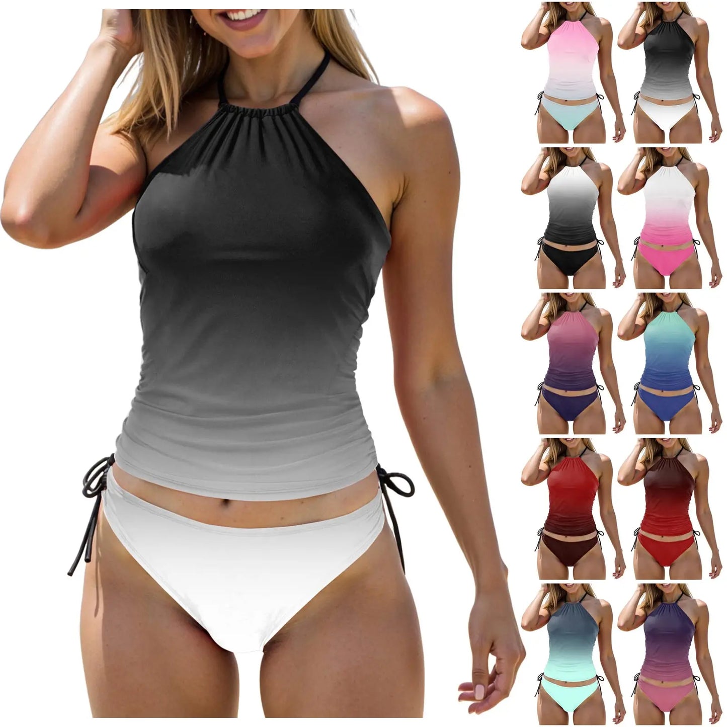 Women's Gradient Swimsuit Tankini Slim Fit Look Thin Hanging Neck Off Shoulder Suspender Tops Mid Waist Shorts With Drawstring