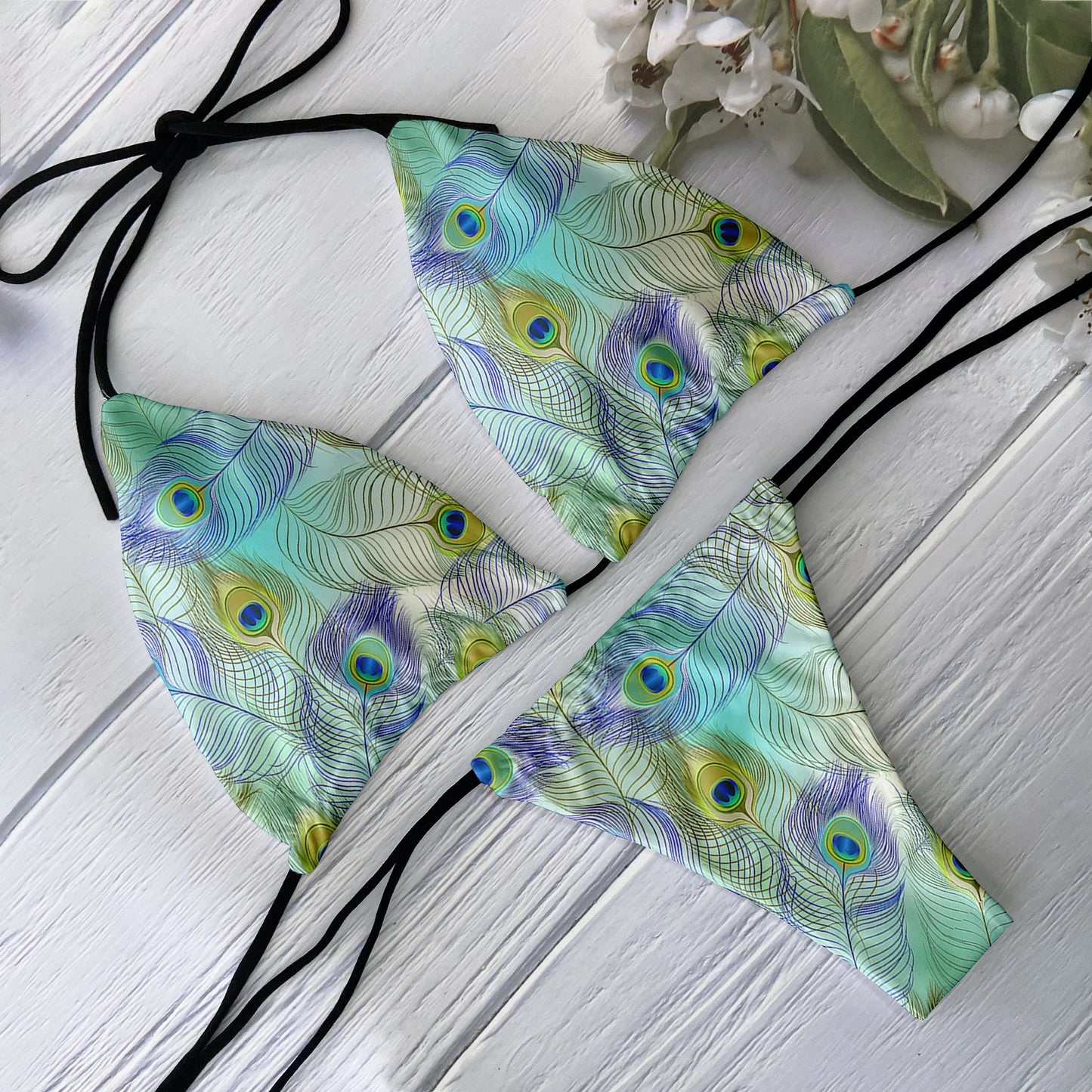 Fashion Ladies Bikini Set 3D Printed Peacock Feather Pattern Split Swimsuit Deep V Lace up Beach Vacation Surfing Swimsuit