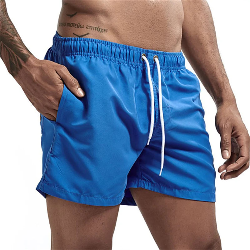 Mens Swim Trunks with Mesh Lining Side Pockets Solid Beach Shorts Quick Dry Lightweight Drawstring Board Shorts Summer Swimwear
