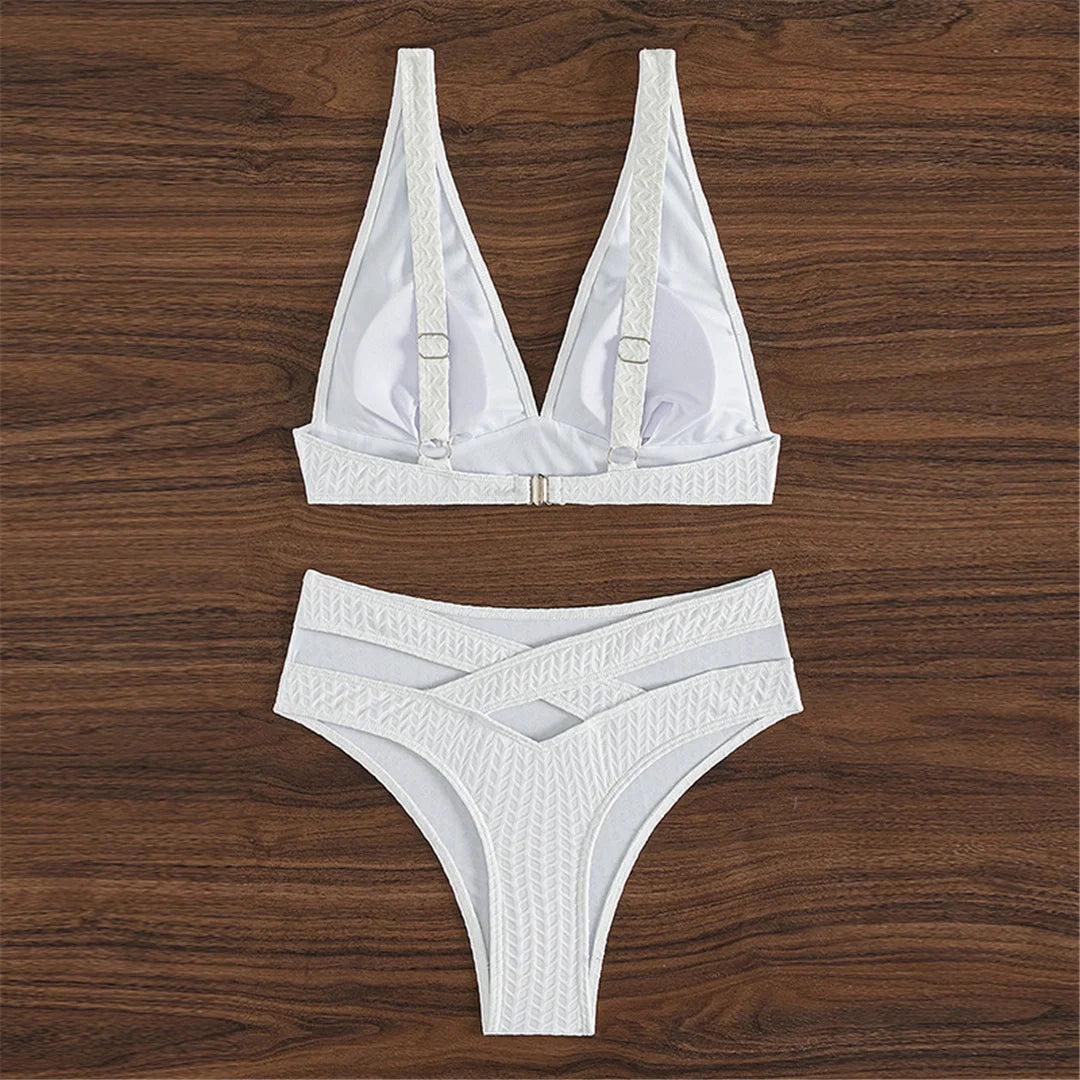 XS - L Wrinkled V Neck High Waist Bikini Female Swimsuit Women Swimwear Two-pieces Bikini set Bather Bathing Suit Swim