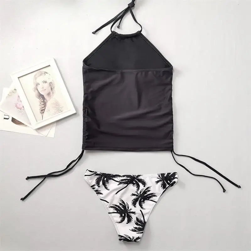 Women's Bathing Suit Coconut Drawstring Side Halter Neck Tankini Set Summer Beach Wear Cute Swimwear Women Swimsuit Bikini