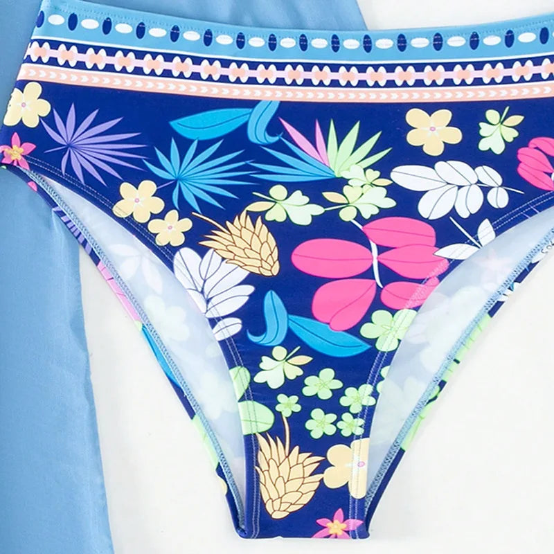 Striking Blue Floral Women's Bikini Set Three-piece swimsuit