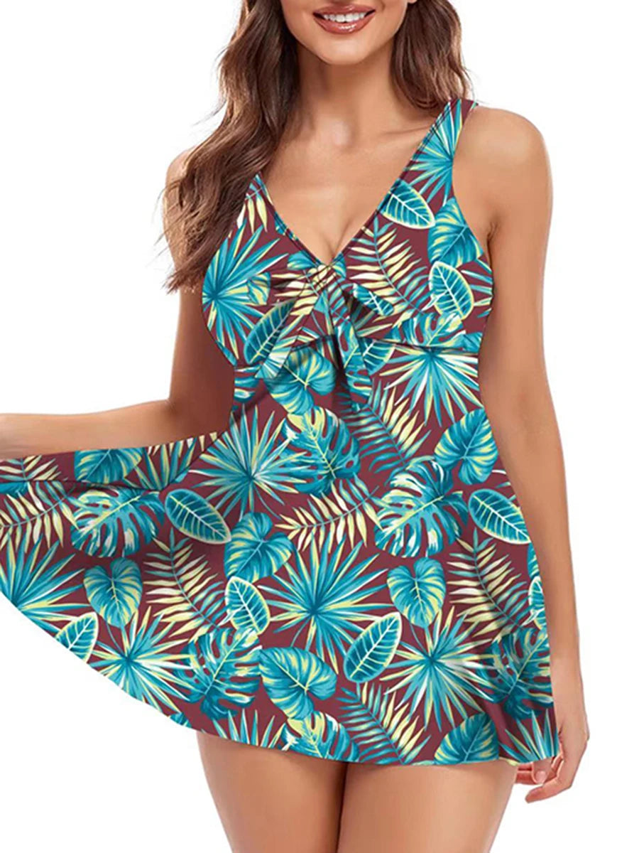 Leaves Printed Tankini Set Two Piece Swimsuit Dress Women Tie Front Swimwear Female Bathing Swimming Suit Beachwear Summer