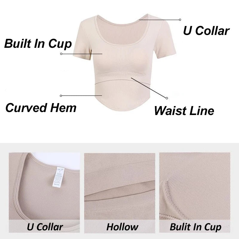 Aiithuug U Neck Yoga Bra Crop Bra Short Sleeve Ribbed Gym Crop Pilates Bras Gym Bra Workout Crops Fitness Top Running Crops