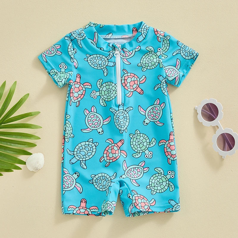 FOCUSNORM 2 Colors Summer Baby Boys Beachwear 0-3Y Short Sleeve Turtle Dolphin Print Swimsuit Jumpsuit Summer Swimwear