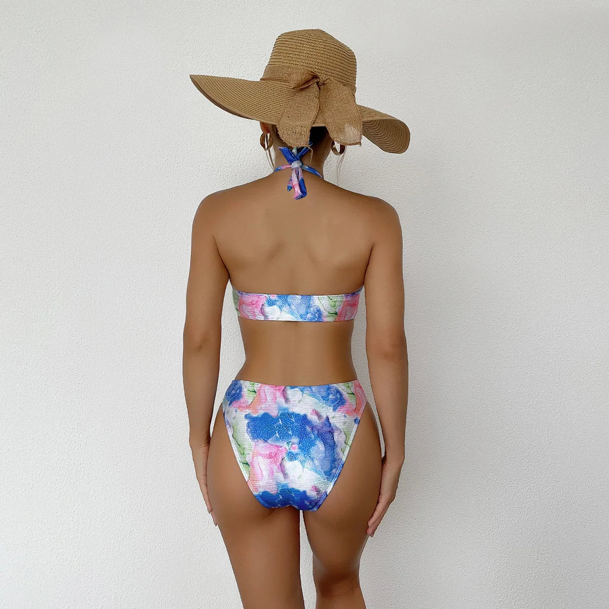 Print Tied Halter Swimwear Women Hollow Push Up One Piece Swimsuit Monokini Backless Beach Bathing Suit
