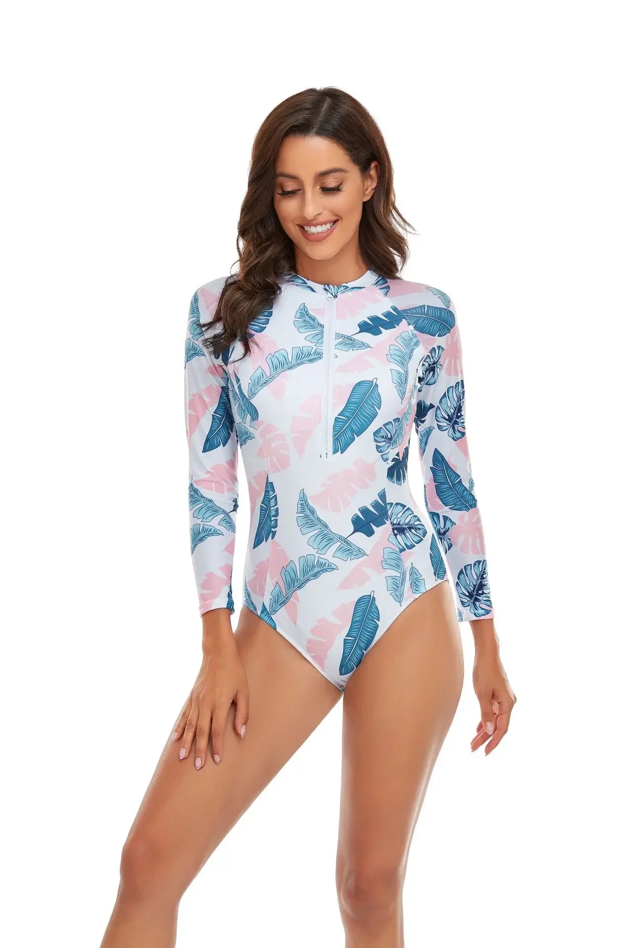 One-piece Swimsuit Women Long Sleeves Sunscreen Surf Wear Solid Color Stitching Zipper Conservative Summer Beach Swimwear