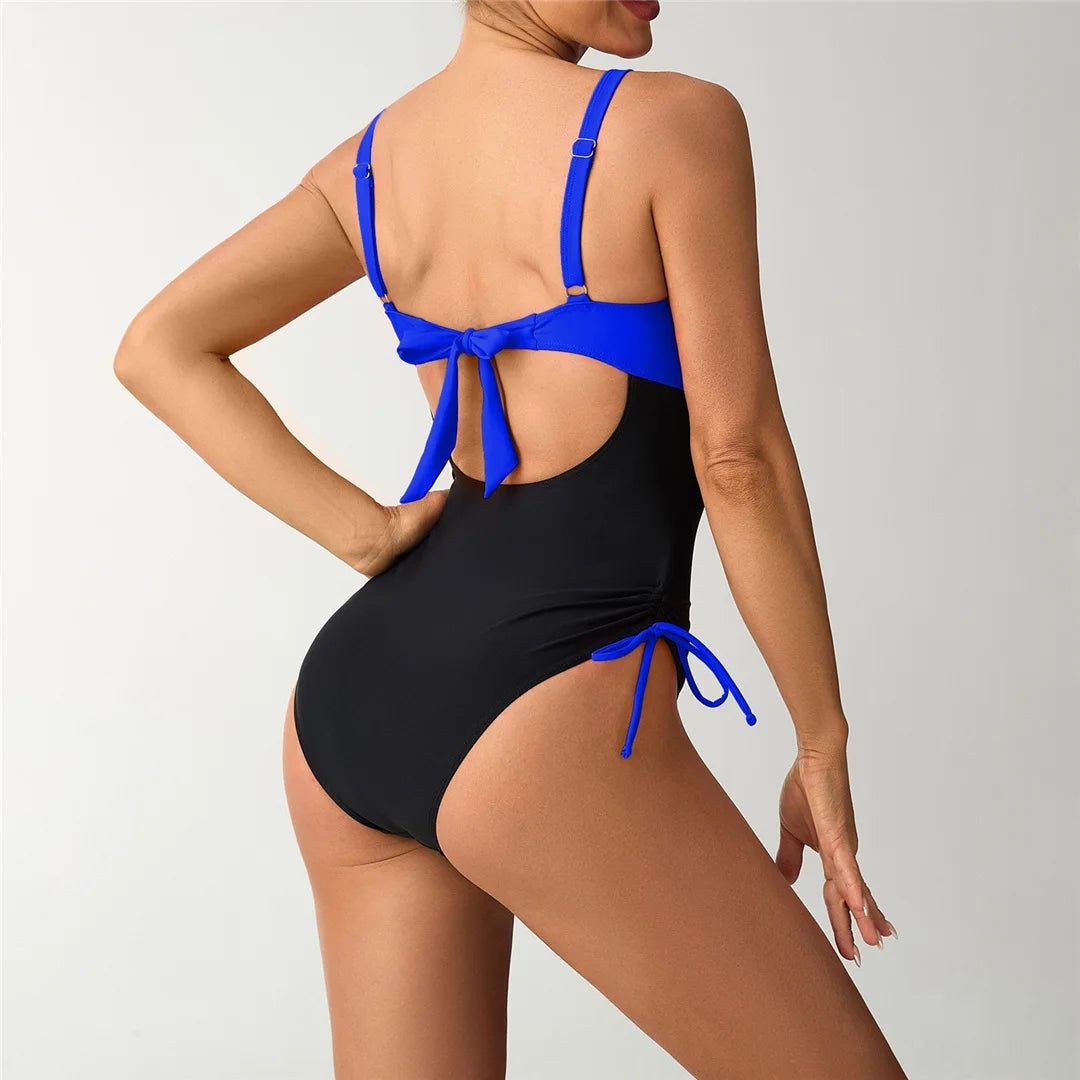 S - XXL Splicing V Neck Backless Women Swimwear One Piece Swimsuit Female High Leg Cut Padded Bather Bathing Suit Swim