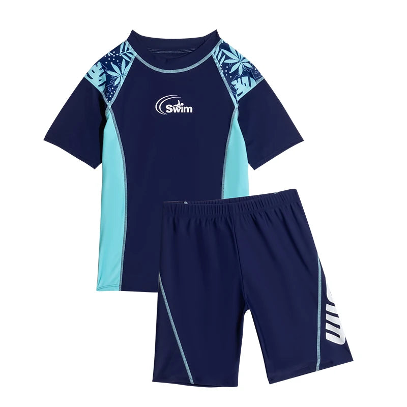 Boy Swimwear Short Shirt Two Piece Short Sleeve Solid Patchwork Teenager Children Kids Swimming Beach Wear 2024 9-16 years