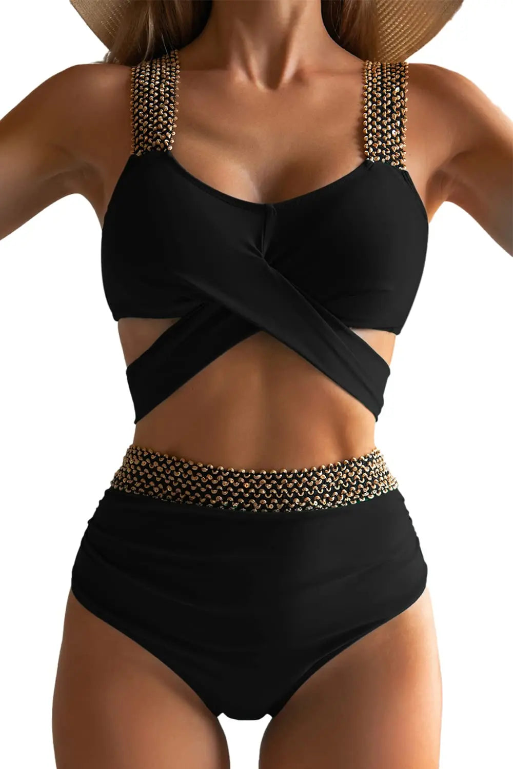 Cross High Waist Bikinis Women Black Swimwear Solid Swimsuit Female Beachwear Summer Bathers Bathing Suit Swimming