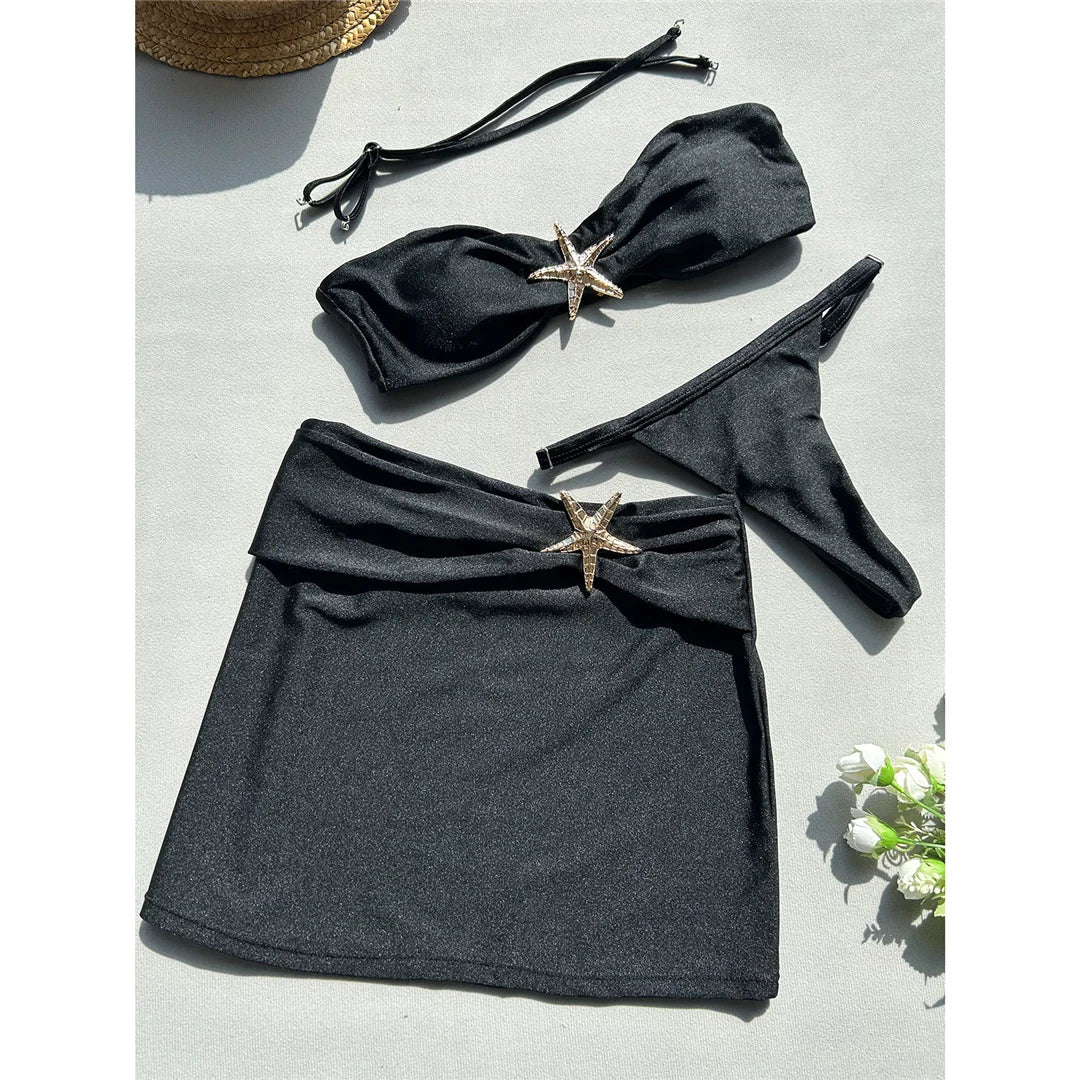 With Skirt Metal Star High Leg Cut Bikini Women Swimwear Female Swimsuit Three-pieces Bikini set Bather Bathing Suit Swim