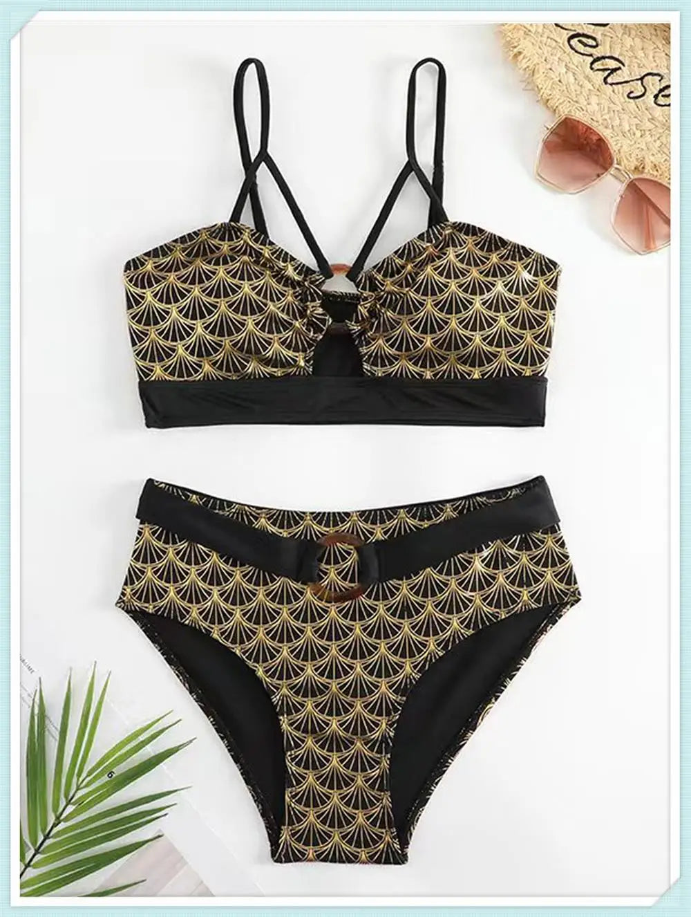 Metallic Stitch Strap Bikini Women Push Up Gold print Swimsuit Female High Waist Swimwear Bathers Bathing Suit Beachwear