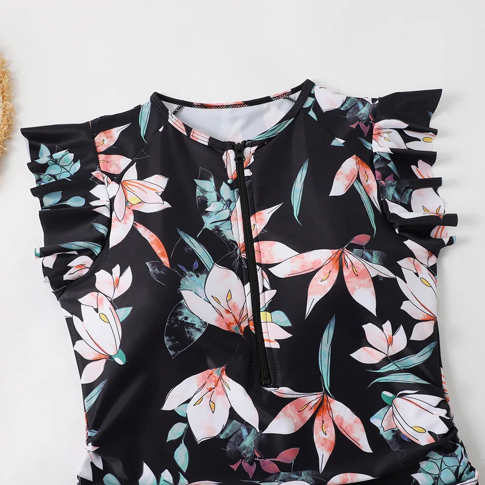 Nadanbao Sexy Bodysuit Swimsuit Women Floral Printing Fashion Swimwear Female Flounce Zipper Beach Party Surfing Beachwear