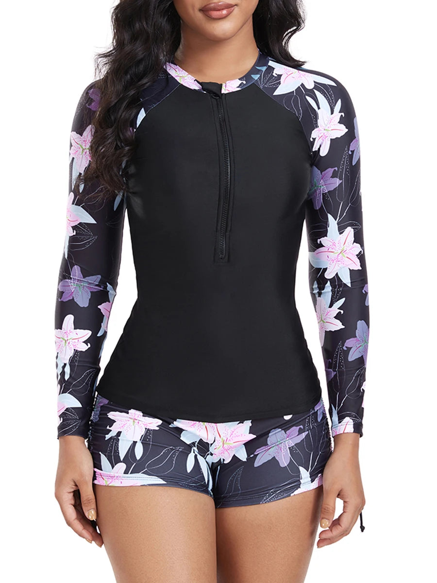 Floral Long Sleeve Surfing Swimsuit Women Two Pieces Zipper Swimwear Female Bathers Bathing Swimming Swim Suit Beachwear