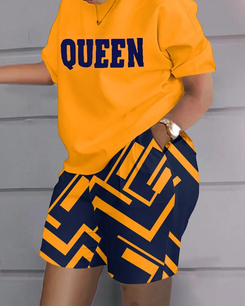 Women Casual Short Sleeve Two Piece Sets Womens Outifits Summer Letter Printed Pocket Suit Female T-shirt Shorts Matching Sets