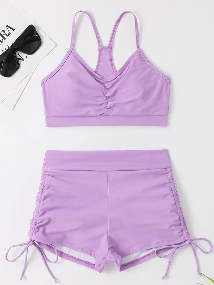 Drawstring Front Shorts Bikinis High Waist Swimsuit Women Swimwear Female Bathers Bathing Swimming Swim Suit Beachwear