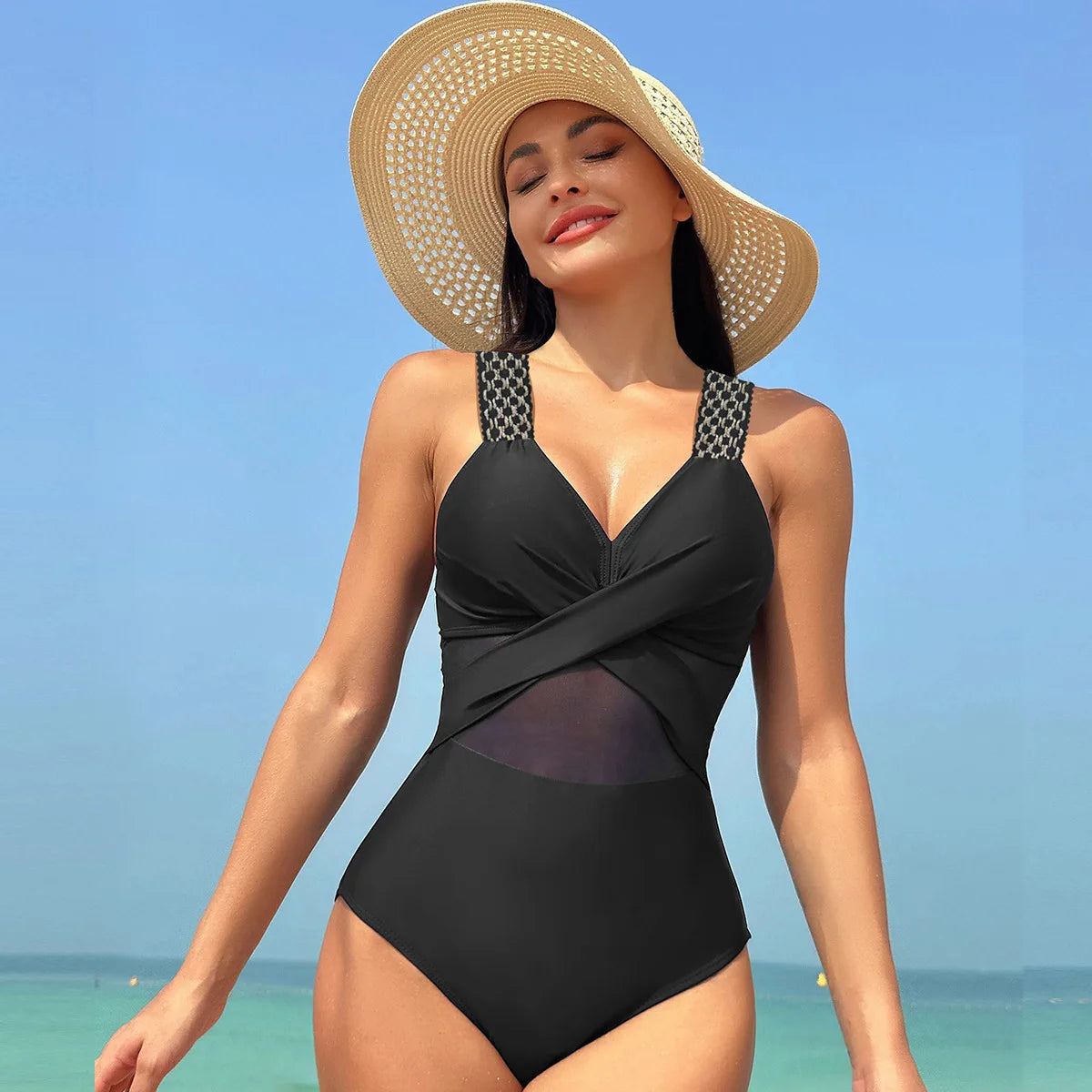 Pure Color Mesh Bikini Swimsuit One Piece Swimsuit Women's Summer