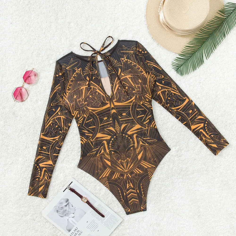 Women's Retro Print Scoop Neck Padded Long Sleeve One Piece Swimsuits High Cut Bathing Suits Swimwear Bodysuit